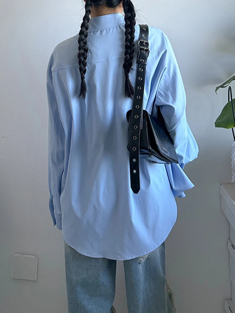 Women Blue Embroidery Big Size Vintage Casual Blouse New Lapel Long Sleeve Shirt Fashion Tide Spring Autumn 2025 1DJ1236