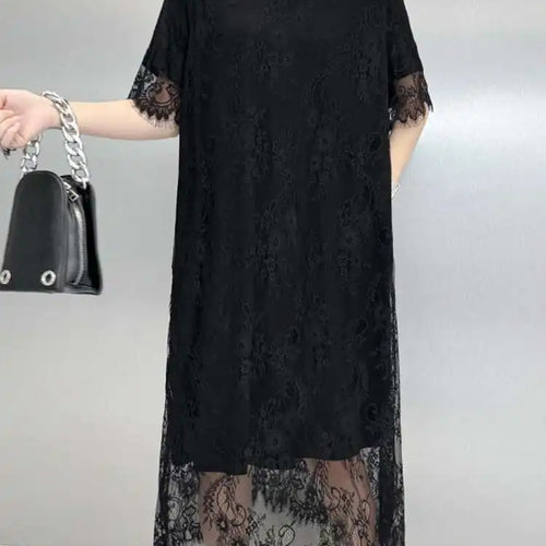 Load image into Gallery viewer, Women Black Hem Lace Perspective Big Size Midi Dress New Round Neck Short Sleeve Fashion Tide Spring Summer 2025 1DH6140
