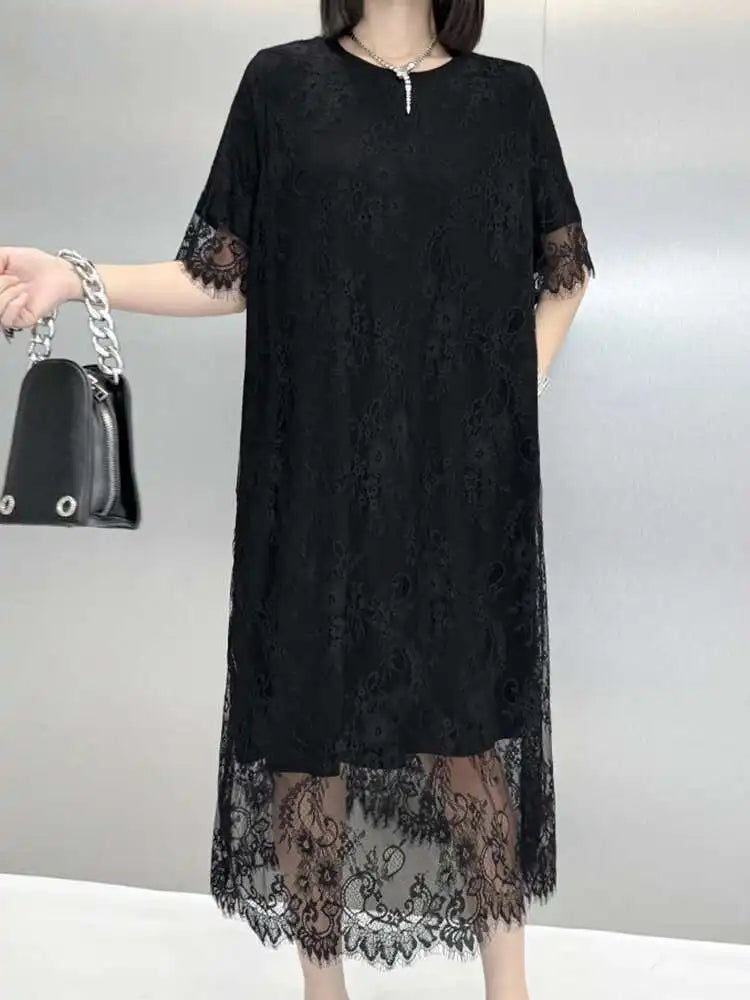 Women Black Hem Lace Perspective Big Size Midi Dress New Round Neck Short Sleeve Fashion Tide Spring Summer 2025 1DH6140