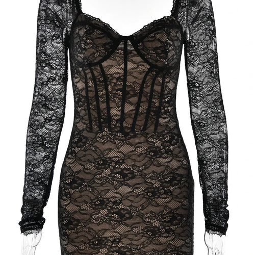 Load image into Gallery viewer, Sexy Lace Bodycon Mini Dress Women Fashion Patchwork Square Collar Long Sleeve Sheer Backless Party Dresses Autumn Robes

