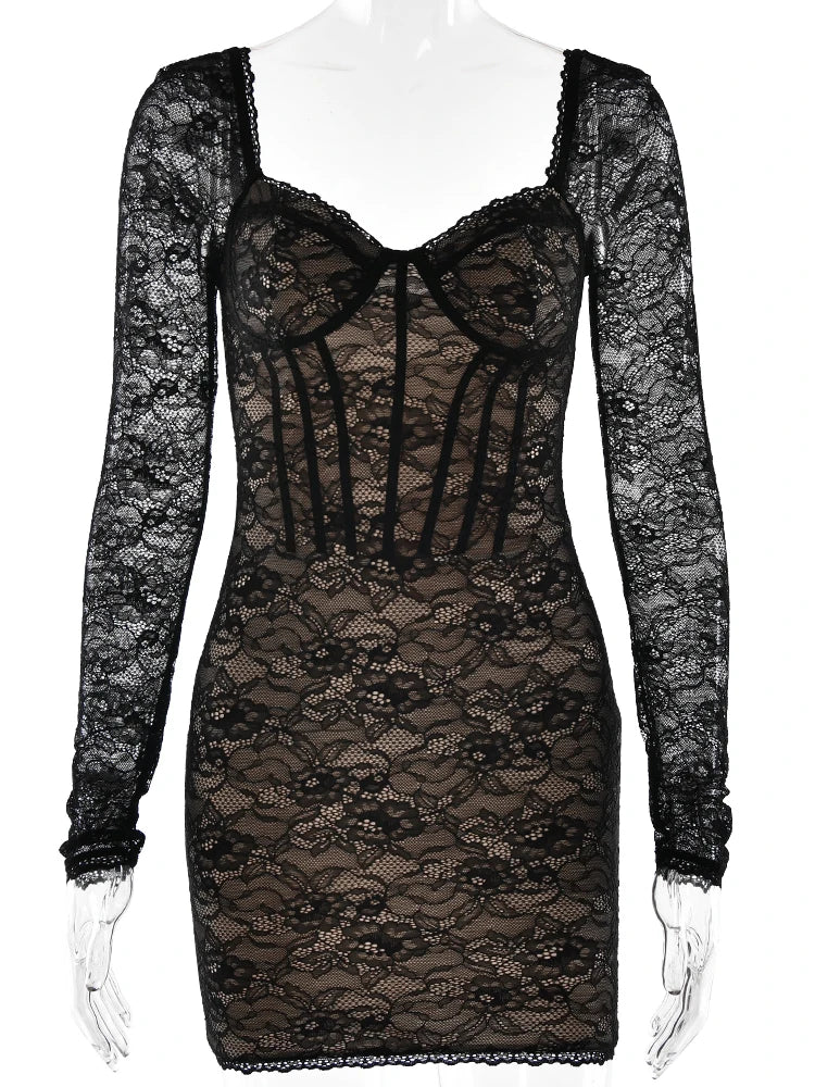 Sexy Lace Bodycon Mini Dress Women Fashion Patchwork Square Collar Long Sleeve Sheer Backless Party Dresses Autumn Robes