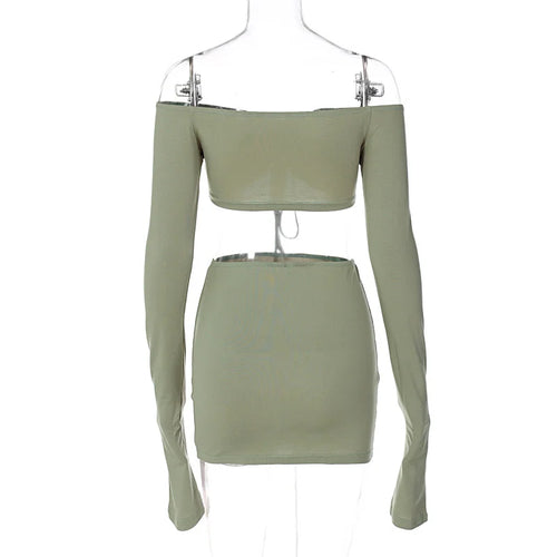 Load image into Gallery viewer, Sexy Two Piece Set Women Outfit Green Strapless Full Sleeve Crop Top And Mini Skirt Matching Sets Female Dress Set
