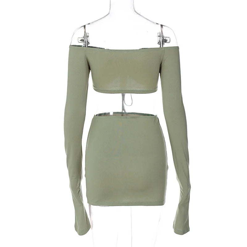 Sexy Two Piece Set Women Outfit Green Strapless Full Sleeve Crop Top And Mini Skirt Matching Sets Female Dress Set