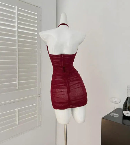 Korean Women Red Bow Backless Slim Pleated Halter Short Dress Summer Sexy Club Elegant Sleeveless Party Dress Simplicity Popular