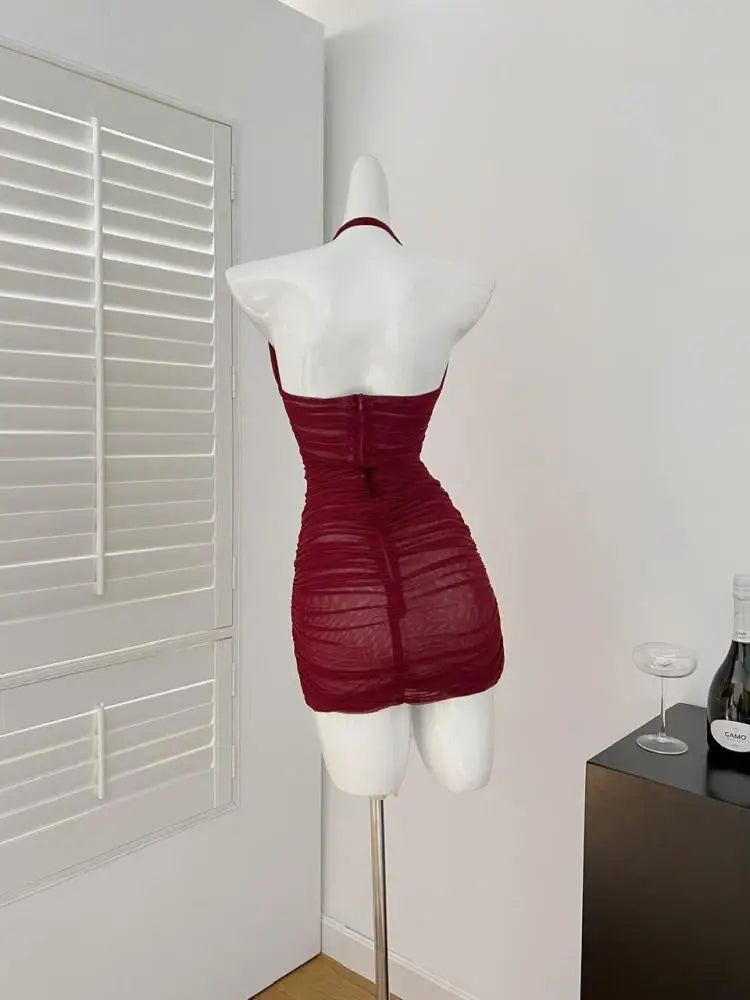 Korean Women Red Bow Backless Slim Pleated Halter Short Dress Summer Sexy Club Elegant Sleeveless Party Dress Simplicity Popular
