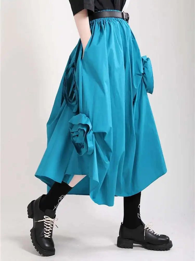 High Elastic Waist Blue Three Dimensional Flower Pleated Half-body Skirt Women Fashion New Spring Autumn 2025 1DF5749