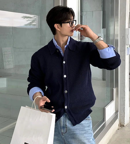 Men's Sweater New Korean Style Loose Knitted Cardigan Single Breasted Trendy Simple Turn-down Collar Pullover Top 9W1817