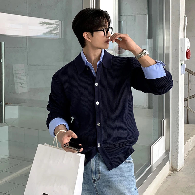 Men's Sweater New Korean Style Loose Knitted Cardigan Single Breasted Trendy Simple Turn-down Collar Pullover Top 9W1817