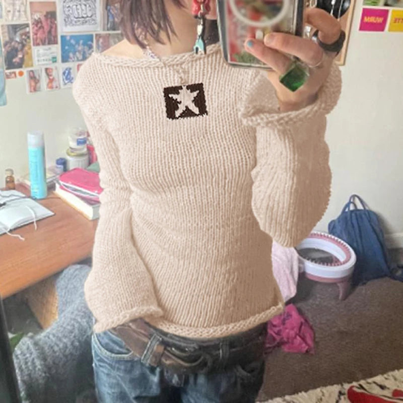 Fairycore Star Flare Sleeve Cute Autumn Sweater Women Y2K Vintage Clothes Knitted Pullover Kawaii Preppy Style Jumper