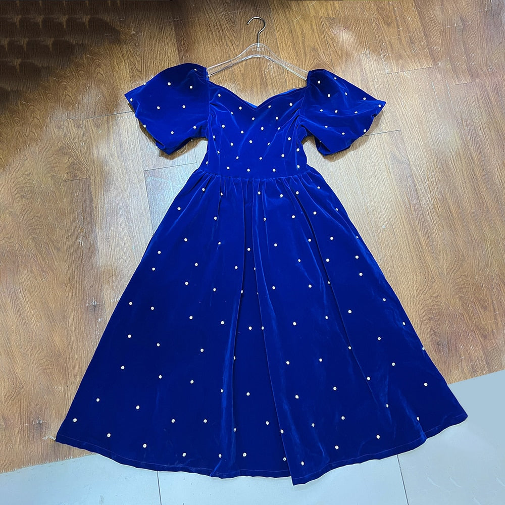 Patchwork Diamonds Elegant Dresses For Women Square Collar Puff Sleeve High Waist Spliced Folds Dress Female