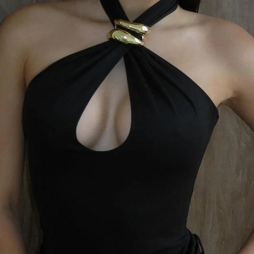 Load image into Gallery viewer, Halter Hollow Out Sexy Crop Tops Pullovers Women Vest Summer New Ring Metal Off-shoulder Tank Tops Female Skinny Top
