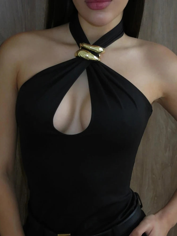 Halter Hollow Out Sexy Crop Tops Pullovers Women Vest Summer New Ring Metal Off-shoulder Tank Tops Female Skinny Top