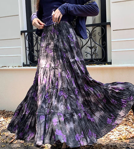 Korean Women Purple Print Vacation Skirt Fashion Spring Summer Vintage Brown High Waist Elegant Festival Pleated Skirt New Trend