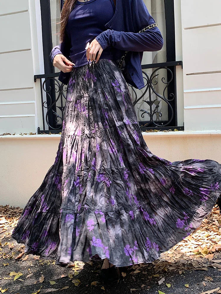 Korean Women Purple Print Vacation Skirt Fashion Spring Summer Vintage Brown High Waist Elegant Festival Pleated Skirt New Trend
