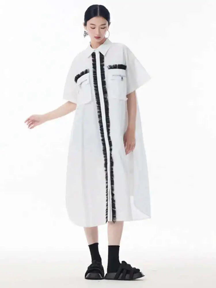 Women White Mesh Color-block Big Size Midi Shirt Dress New Lapel Short Sleeve Fashion Tide Spring Summer 2025 1DJ0003