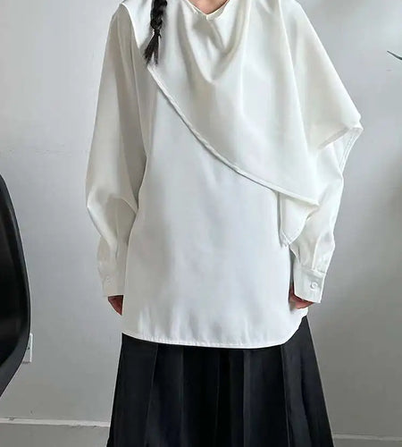 Women White Irregular Plain Color Big Size Blouse New Scarf Collar Long Sleeve Shirt Fashion Spring Autumn 2025 1DJ0507