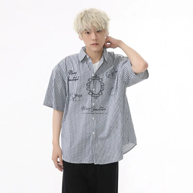 Men's Shirts Short Sleeve Design Korean Personalized Pattern Striped Turn-down Collar Stylish Male Loose Shirt 9W1594