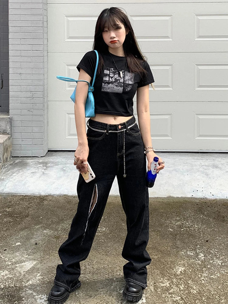 90s Black Gothic Harajuku Vintage Grunge Graphic Slim Fit Short Crop Top Women's Streetwear Sexy Summer Y2K Punk Casual T-Shirt