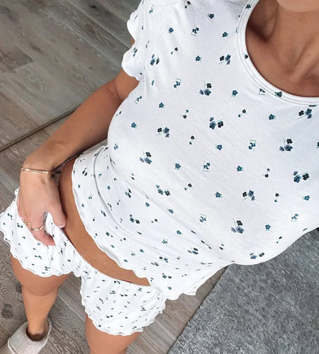 Floral Print 2-Piece Set Women o-Neck t-Shirts+Folds Shorts Ruffles Skinny High Elasticity Matching Classic Simple Suits