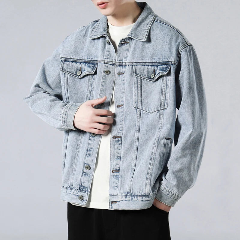 Men's Cargo Denim Jacket Solid Color Turn-down Collar New Korean Loose Fashion Casual Trendy Jackets 2025 Spring 9W1321