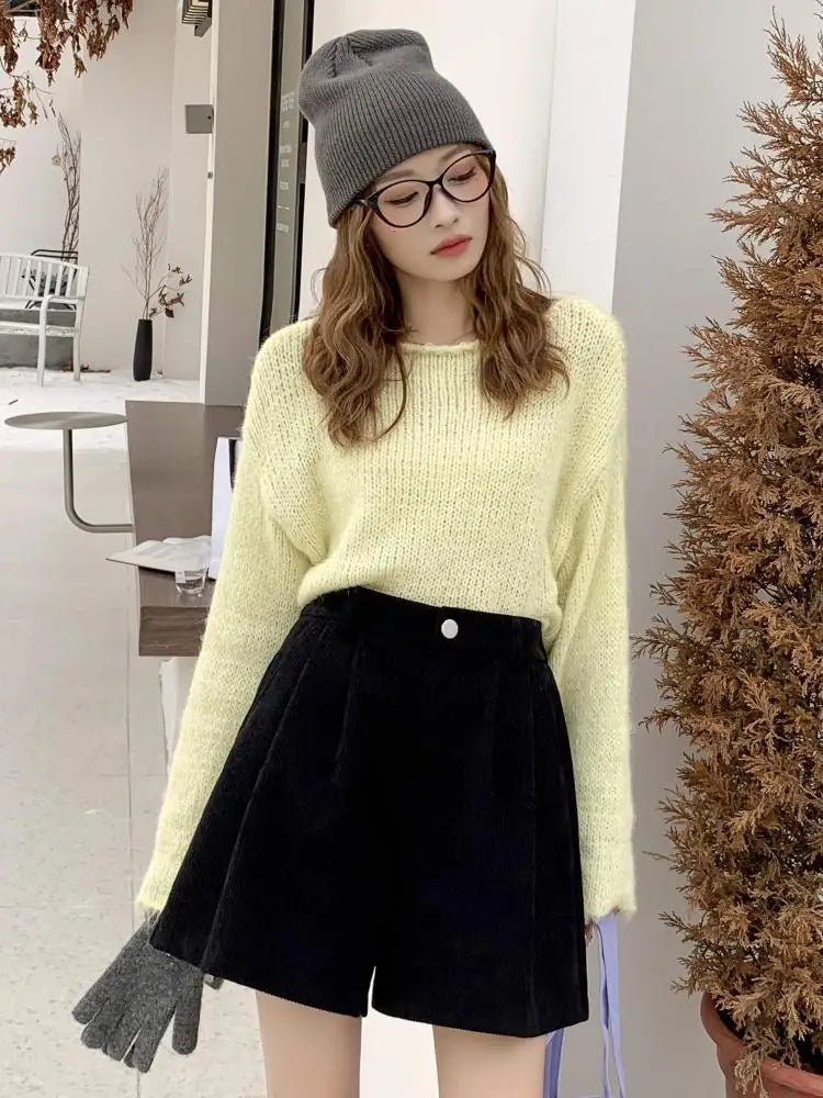 Korean Fashion Women Black High Waist Corduroy Shorts Autumn Winter Lady Beige Wide Legs Short Pant Simplicity Casual Streetwear