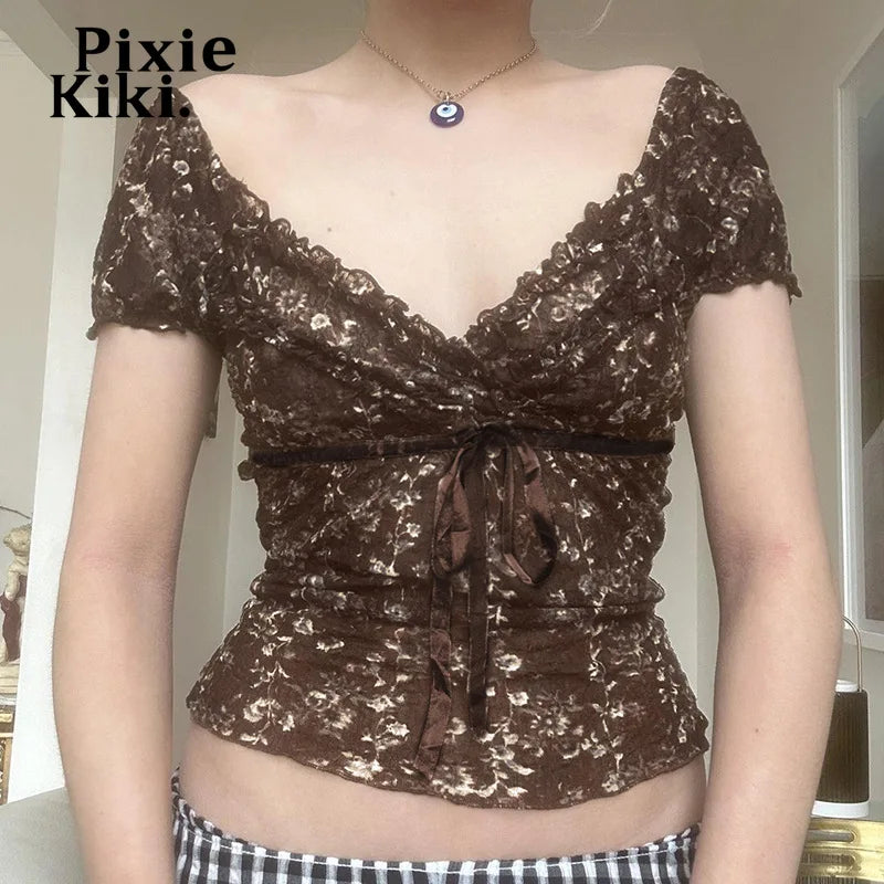 French Style Retro Floral Print Tshirt for Women Frilly V-neck Bubble Sleeve Crop Tops Y2k 2000s Clothes P67-BC10