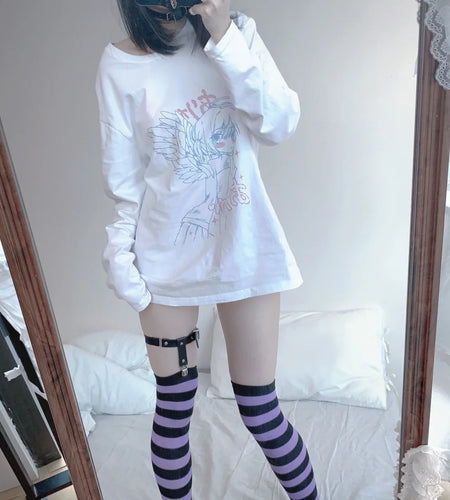 2023 Ropa Mujer Japanese Woman Tshirts Long Sleeve Anine Print O-neck Teees Casual Chic Y2k Tops Sweet White Oversized T Shirt