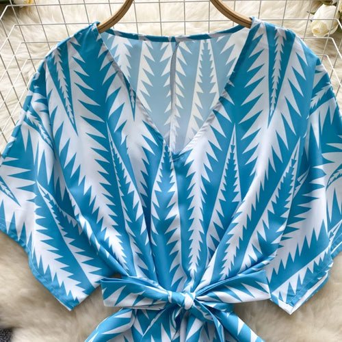 Load image into Gallery viewer, French Retro Women Blue Print V Neck Short Sleeved Festival Mini Dress Summer Elegant Bandage Vacation Party Dress Fashion Trend
