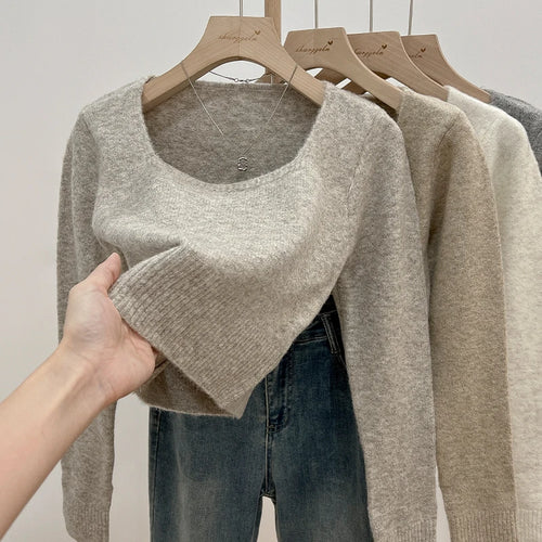Load image into Gallery viewer, Korean Fashion Women's Solid Long Sleeve Square Neck Knitted Sweater 2024 Autumn Winter New Holiday Short Tops Casual Simplicity
