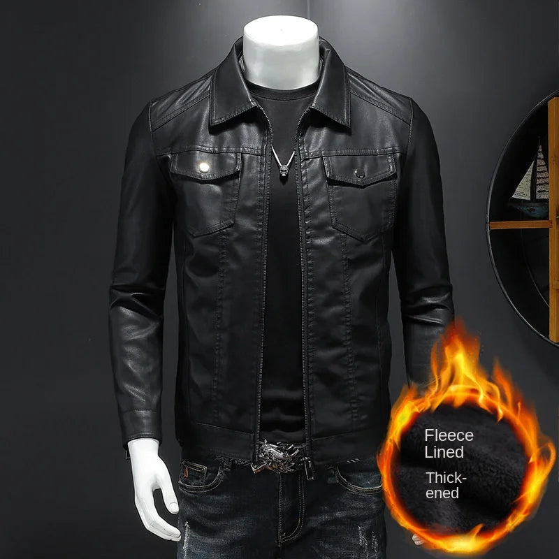 New Trend Men's Leather Jackets Thick Winter Warm Jacket Slim Fit Cool Motorcycle Turn-down Collar Zipper Coats Plus Size