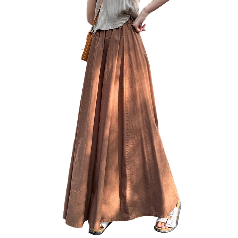 Spring Summer Women Black White Elegant Oversized Long Skirt French Fashion Brown High Waist Vacation Pleated Half Skirt Popular