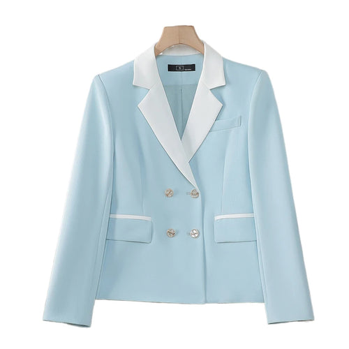 Load image into Gallery viewer, Spring Autumn Blue White Patchwork Office Festival Short Blazer Jackets 2025 Vintage Elegant Ladies Double Breasted Tops Popular
