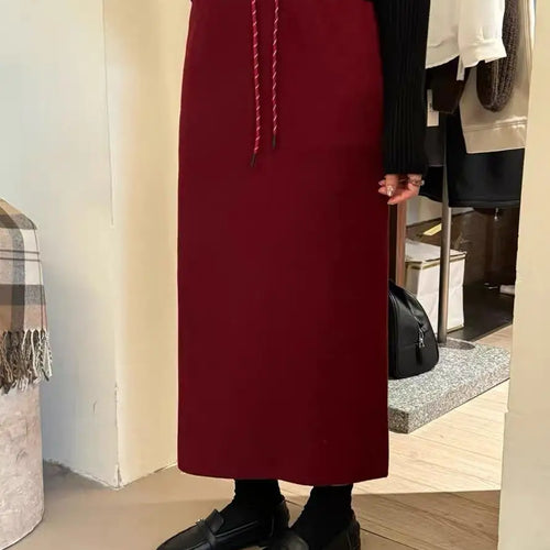 Load image into Gallery viewer, Korean Solid Drawstring Lace-up Elegant High Waist Long Skirt Women Versatile Split Skirt Streetwear 2024 Fashion Autumn Winter
