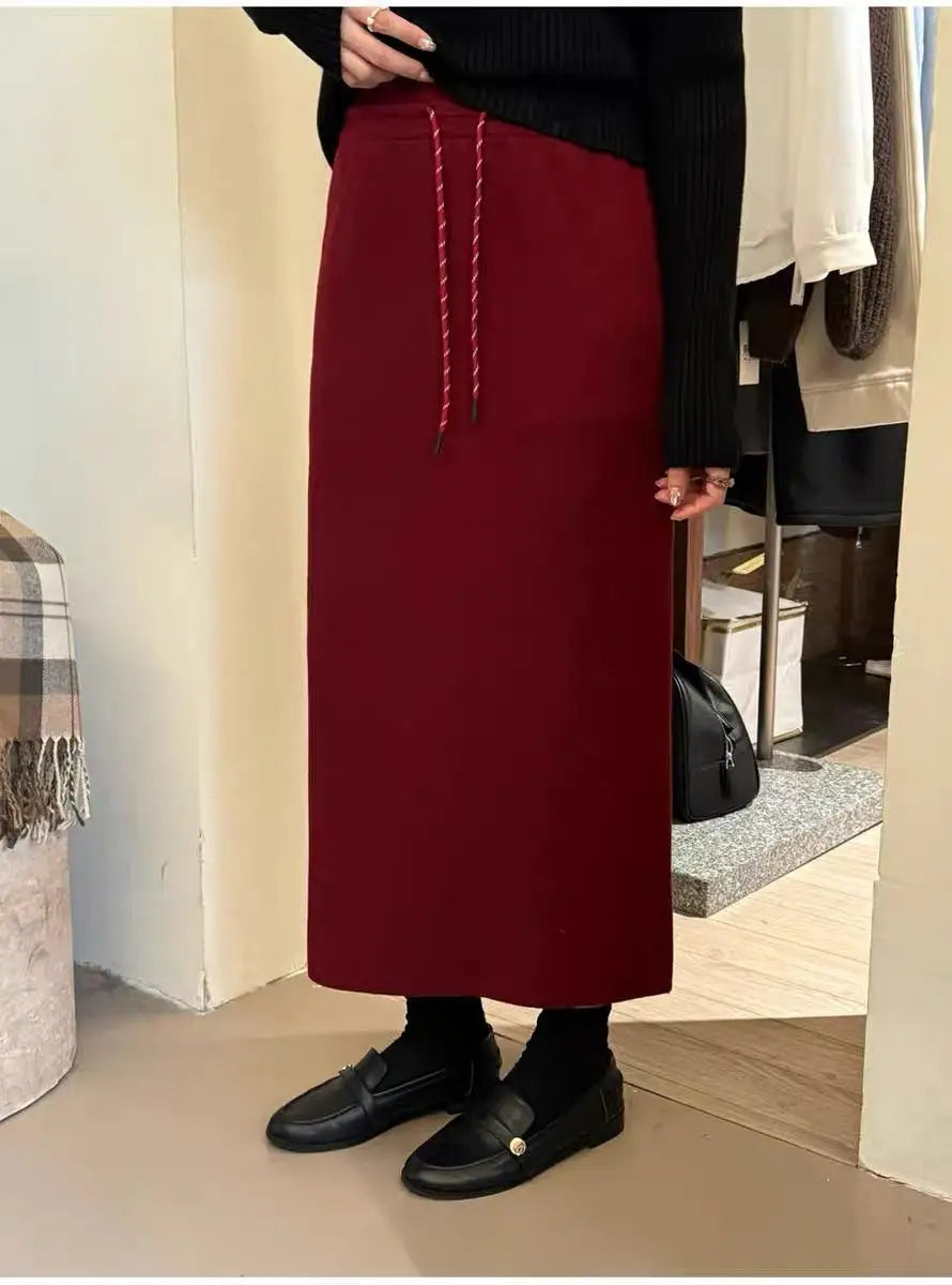 Korean Solid Drawstring Lace-up Elegant High Waist Long Skirt Women Versatile Split Skirt Streetwear 2024 Fashion Autumn Winter