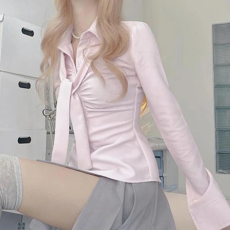 Korean Sweet Elegant Pink Shirt Women Autumn Bodycon Chest Folds Curved Hem Top Blouse Y2K Coquette Aesthetics Trend