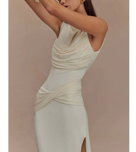 Elegant Sleeveless Pleated High Slit Slim Dress Women Sexy Backless Bodycon Party Evening Dress Spring/summer New 2025
