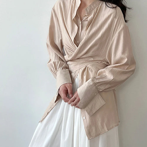 Load image into Gallery viewer, Women Apricot Irregular Cross Big Size Blouse New Stand Collar Long Sleeve Shirt Fashion Tide Spring Autumn 2025 1DJ1690
