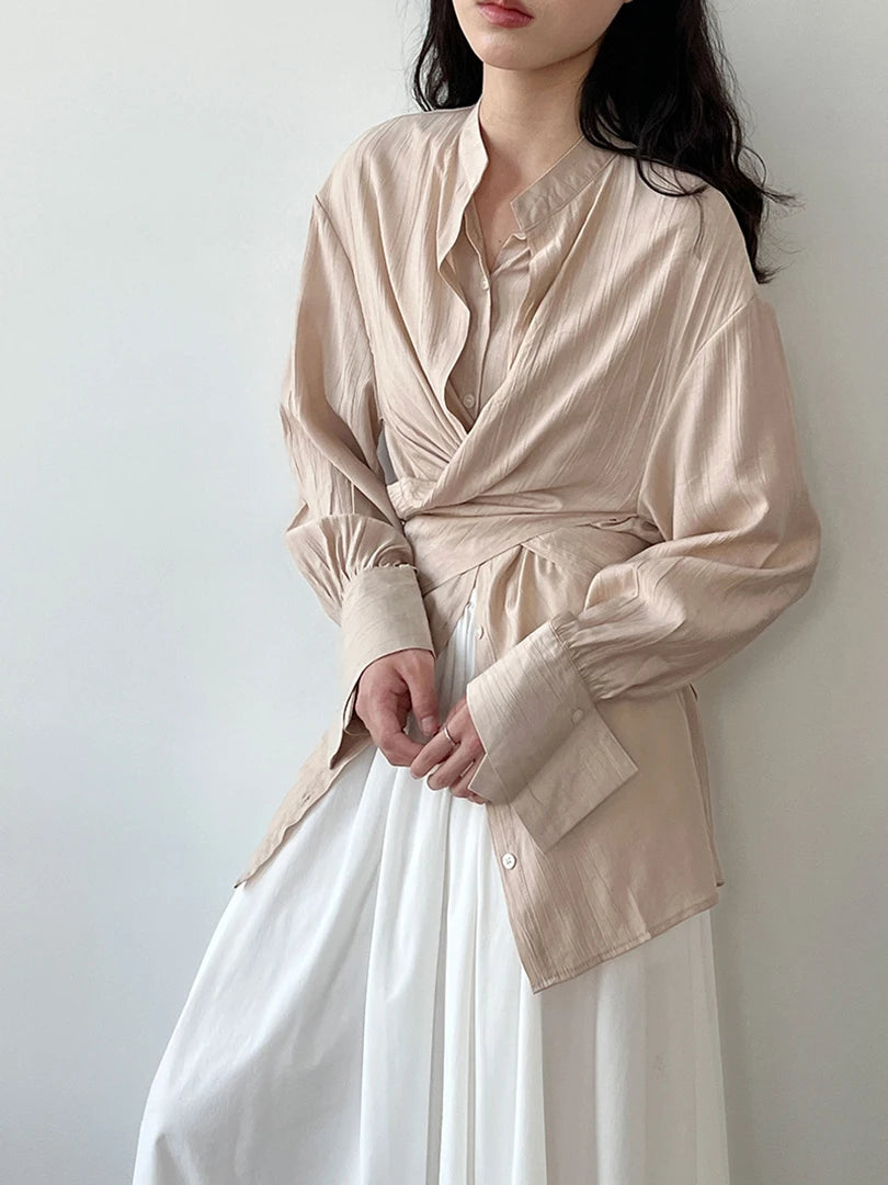 Women Apricot Irregular Cross Big Size Blouse New Stand Collar Long Sleeve Shirt Fashion Tide Spring Autumn 2025 1DJ1690