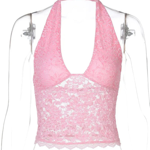 Load image into Gallery viewer, Halter Sleeveless Sexy Crop Tops Women Fashion Deep V Neck Backless Tank Tops Female Elegant Club Skinny Lace Top
