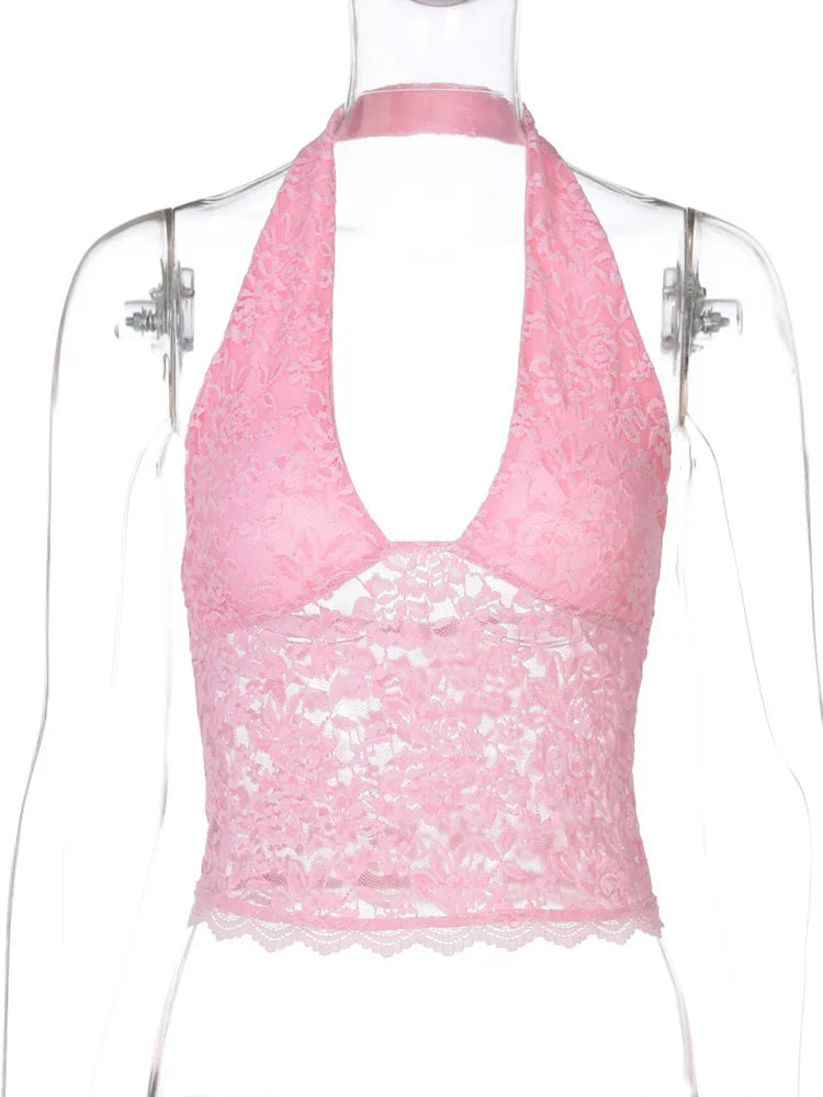 Halter Sleeveless Sexy Crop Tops Women Fashion Deep V Neck Backless Tank Tops Female Elegant Club Skinny Lace Top