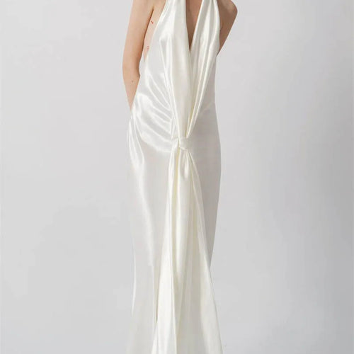 Load image into Gallery viewer, Satin Deep V Neck Backless Sexy Maxi Dress Women Elegant Halter Sleeveless Lace-up High Waist Draped Ruched Long Dress
