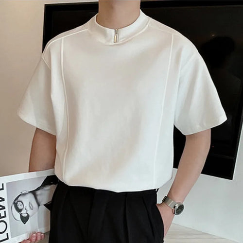 Load image into Gallery viewer, Bussiness Casual Men&#39;s T-shirts Half Zipper Stand Collar Short Sleeve Male Loose Tops Solid Color Summer 9C6290
