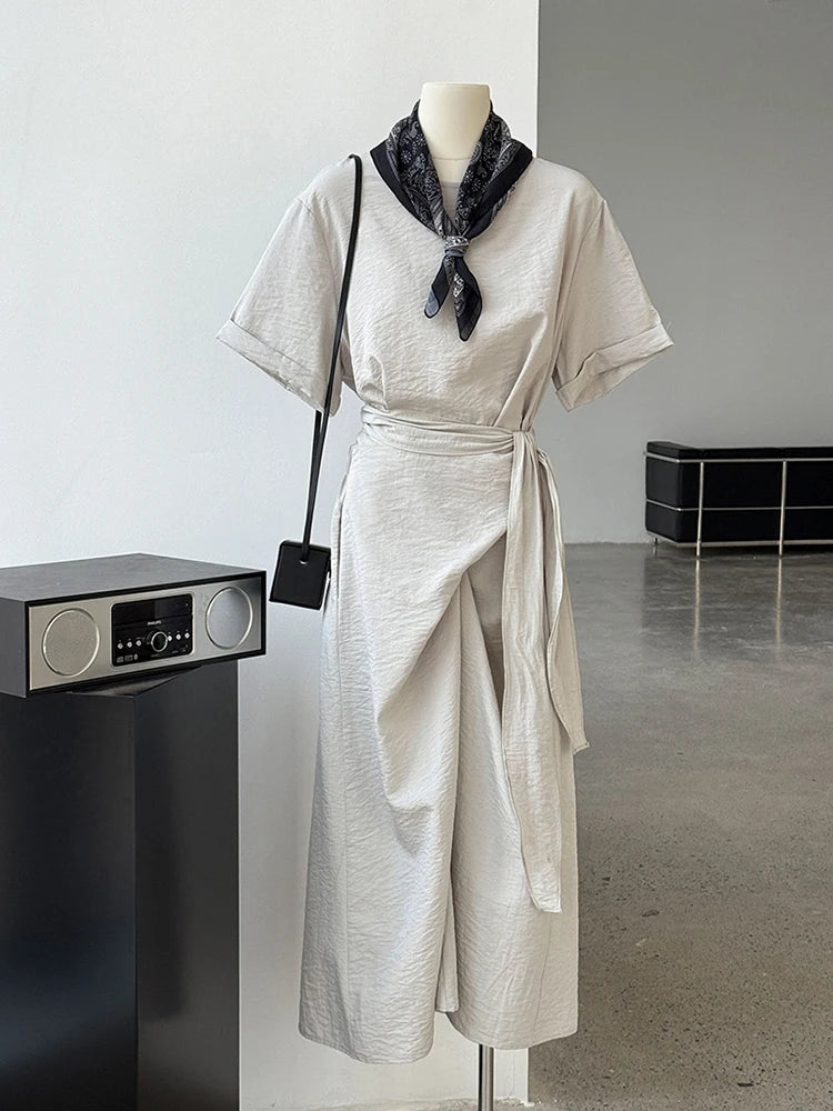 Women Navy Blue Cross Bandage Big Size Elegant Midi Dress New Round Neck Short Sleeve Fashion Spring Summer 2025 1DJ1359