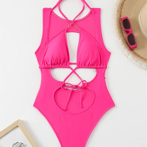 Load image into Gallery viewer, Cross Halter One Piece Swimsuit 2024 Swimwear for Women Sexy Hollow Out Bathing Suit Around Bandage Monokini
