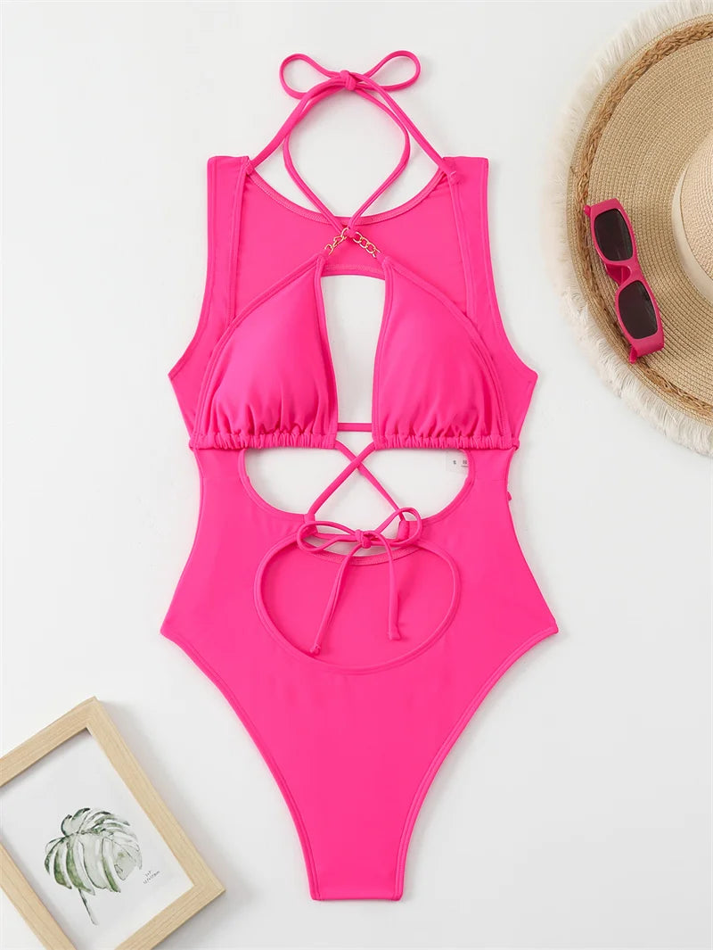 Cross Halter One Piece Swimsuit 2024 Swimwear for Women Sexy Hollow Out Bathing Suit Around Bandage Monokini