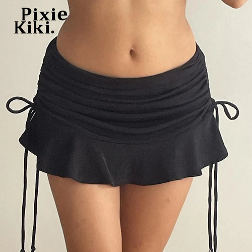 Load image into Gallery viewer, PixieKiki Drawstring Ruched Low Waist Ruffle Mini Skirts for Woman Black Skirt Y2k Summer Clothes Women 2024 P84-AI20
