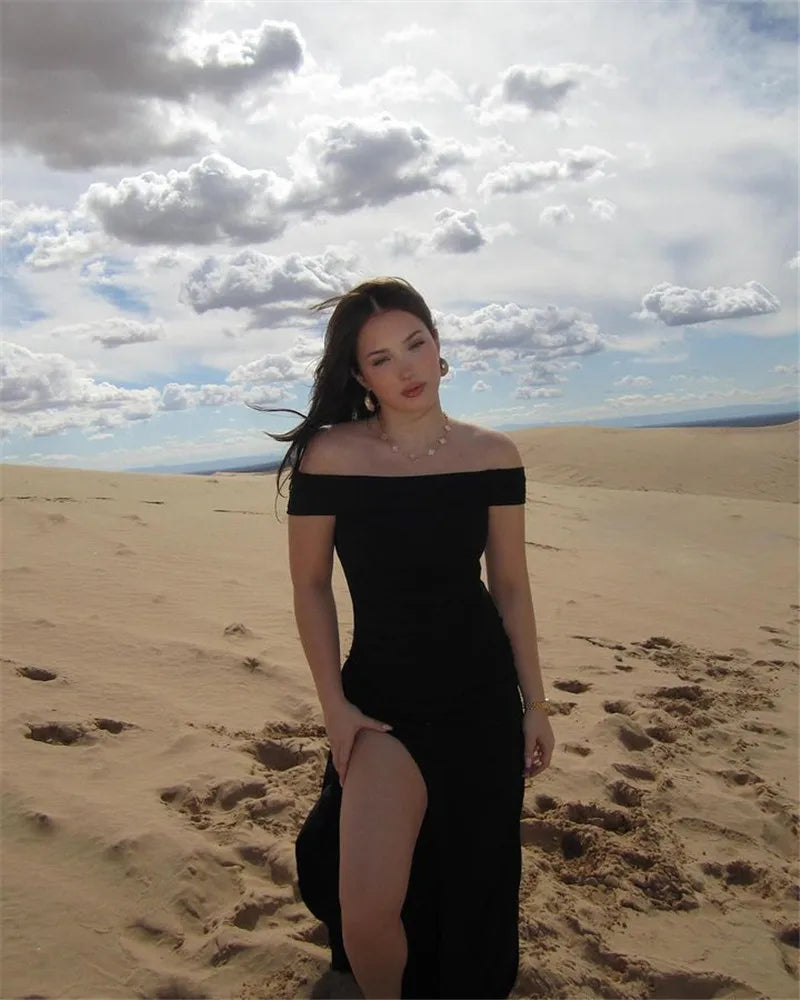 Elegant Off-shoulder High Split Maxi Dress Women Fashion Strapless Sleeveless Backless Bodycon Club Party Sexy Dress