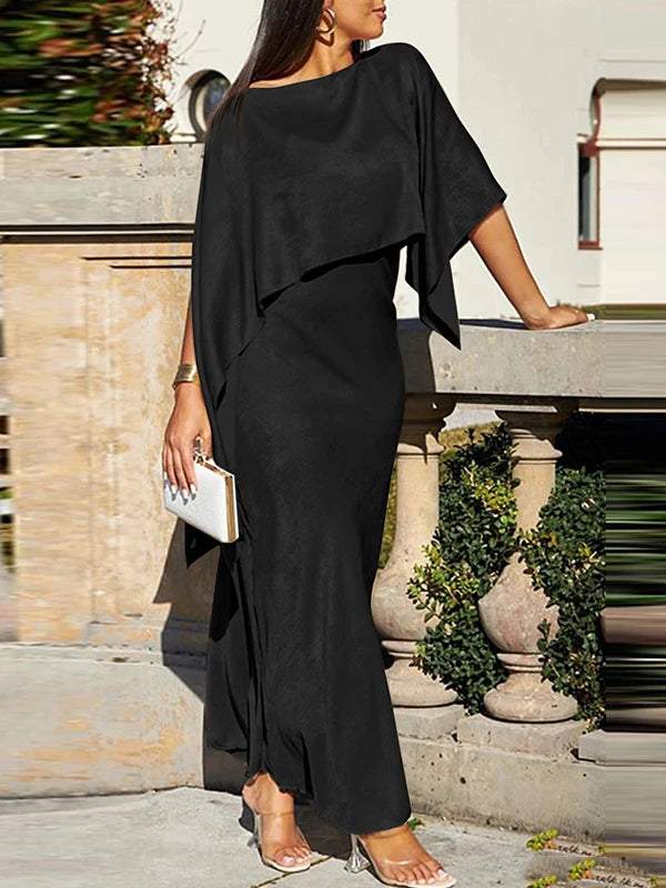 Women Luxury Evening Prom Maxi Dress 2025 Summer Elegant Shiny Cape Asymmterical Batwing Sleeves Long Dresses Autumn