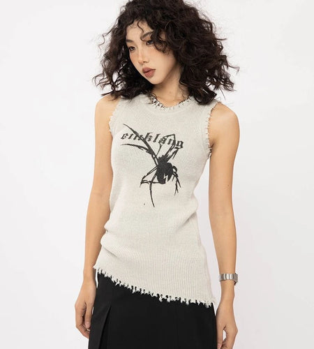 Y2k Aesthetics Knitted Vest Women Summer Thin Tank Tops Vintage Spider Pattern Harajuku Top Fairycore Ribbed Tee E-girl Grunge