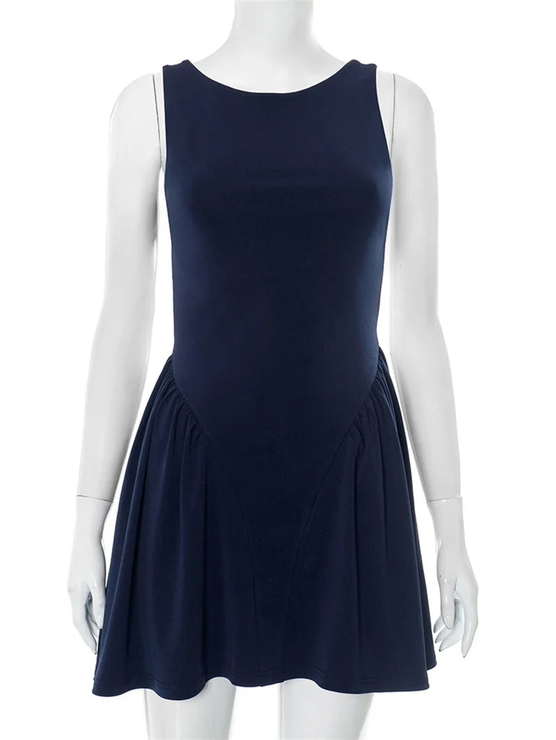 Backless Lace-up Sexy Mini Dress Women Robe Fashion O Neck Sleeveless High Waist A-line Club Party Dress Elegant